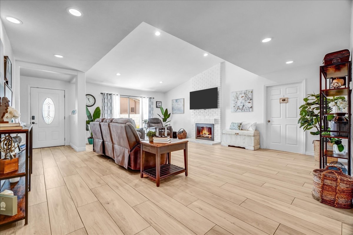 Living room with fireplace at Blessings Senior Care North Orange Hill, 2586 N. Orange Hill Rd. Rd Orange CA